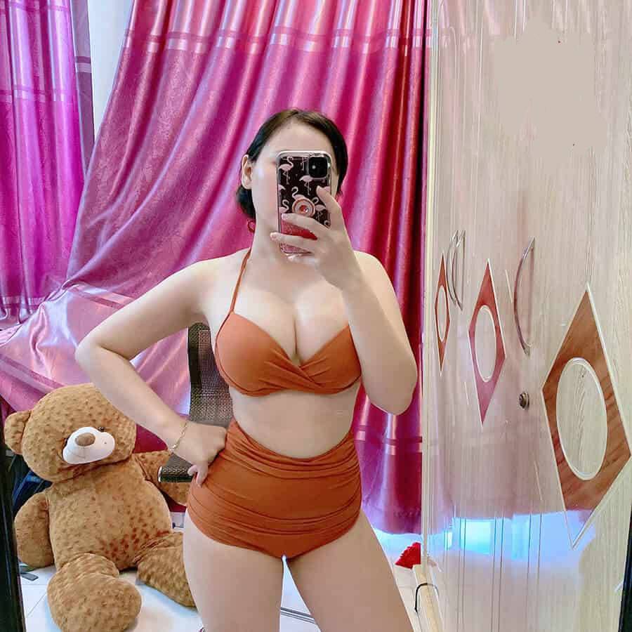 Bikini hai mảnh cam đất mặc đi biển đẹp chất thun