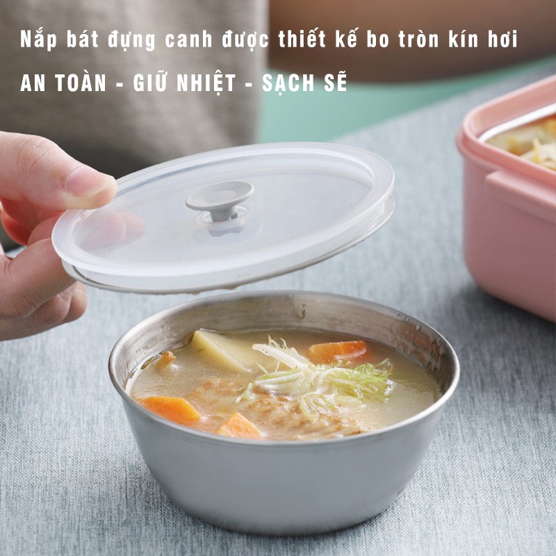 HOP3 - Hộp cơm văn phòng kèm bát canh LUNCH BOX hai tầng có đũa thìa tiện lợi nhựa an toàn giữ nhiệt tốt