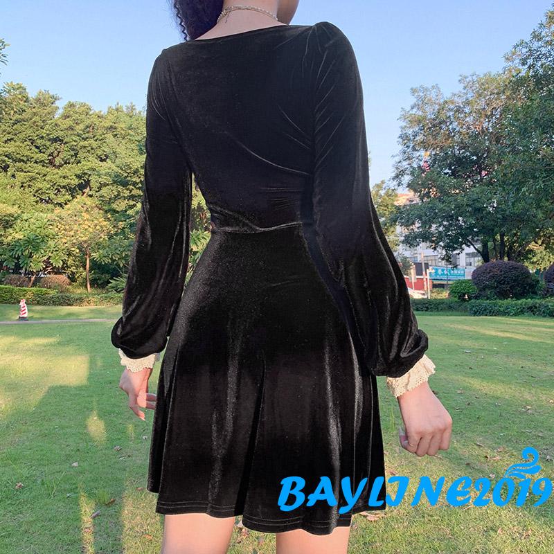 Đầm tay dài cổ vuông dáng chữ A màu đen phối ren thời trang cho nữ