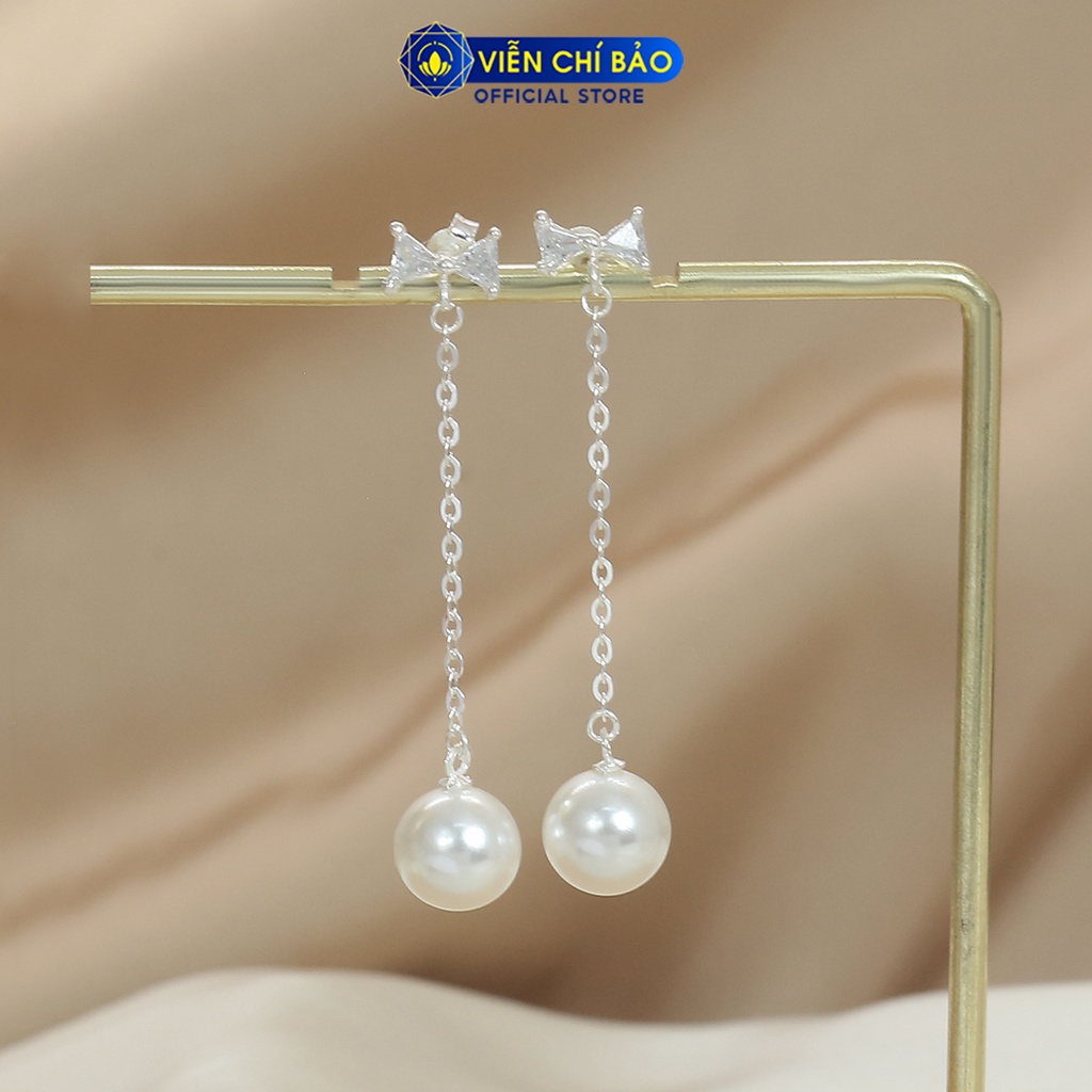 Bông tai bạc nữ Trái châu hình nơ đính đá chất liệu bạc 925 thời trang phụ kiện trang sức nữ Viễn Chí Bảo B400502