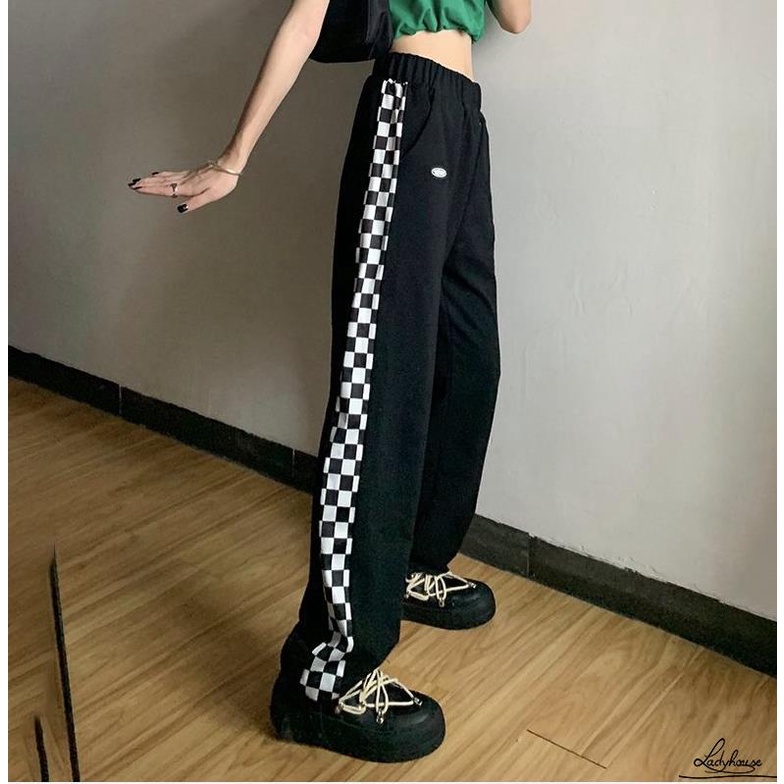 Quần Dài Lưng Cao Dáng Rộng Họa Tiết Sọc Caro Màu Đen Thời Trang Cho Nữ