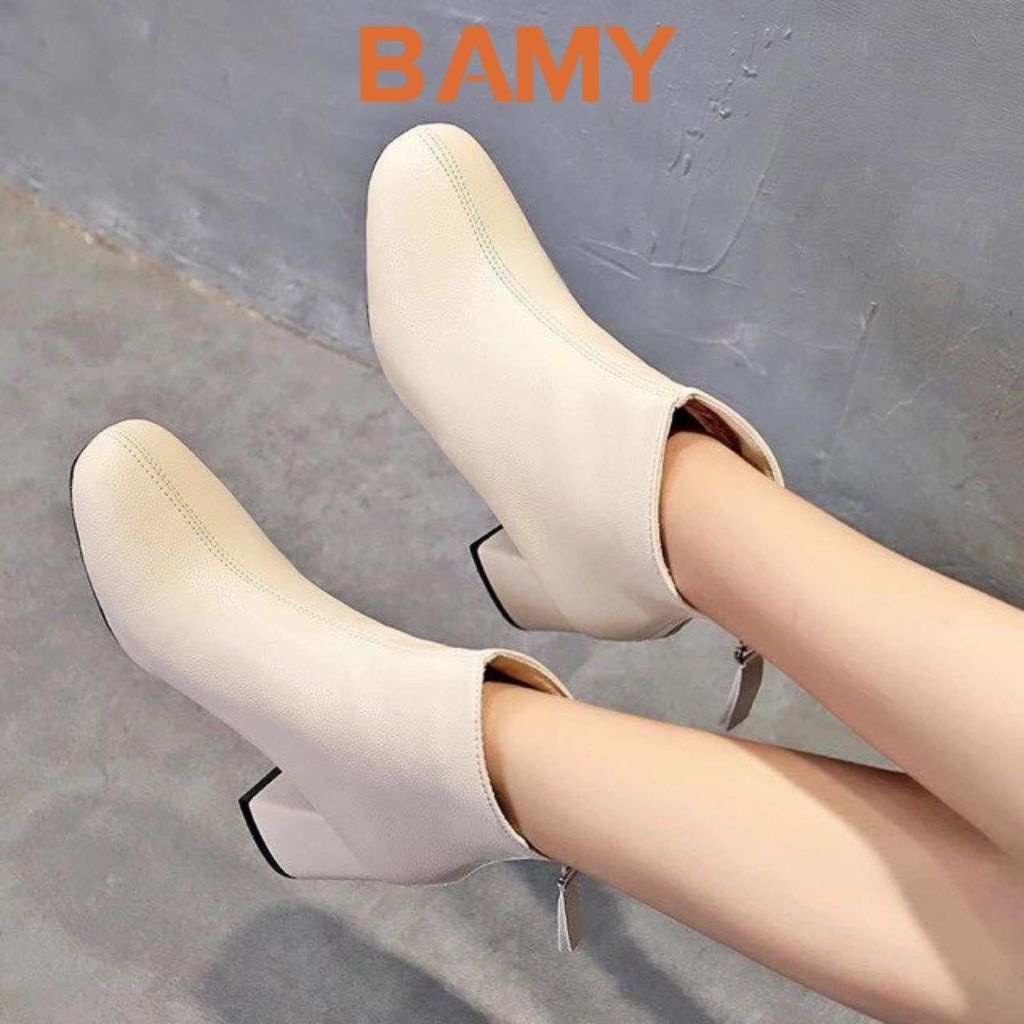 Bốt nữ Hàn Quốc da mềm khóa sau, giày boots ulzzang cao 5 phân