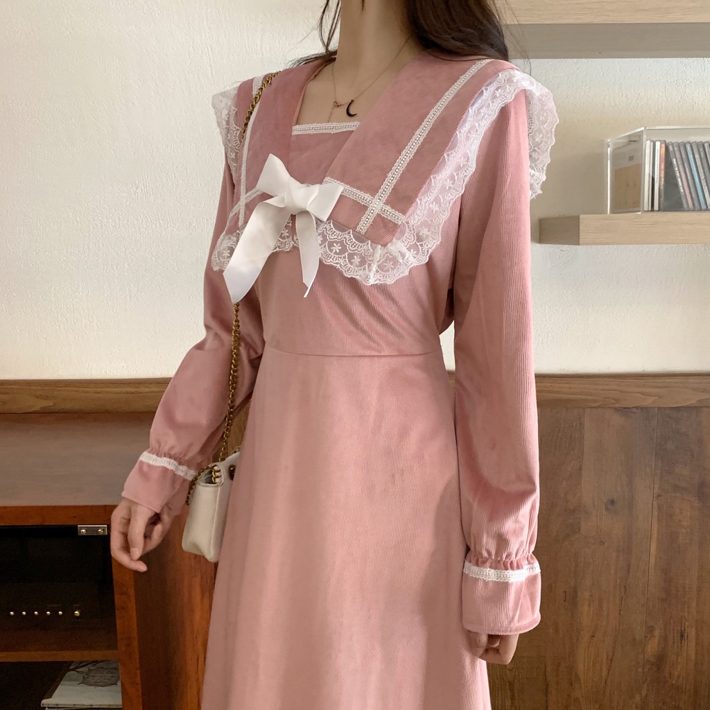 M94 - Váy nhung tiểu thư Ulzzang cổ áo phong cách học sinh viền ren đính nơ dễ thương