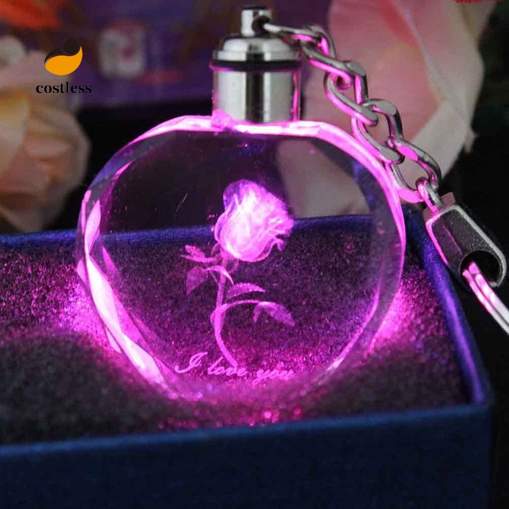 Móc khóa hình trái tim và hình hoa hồng bên trong có đèn led đổi màu độc đáo cho cặp đôi