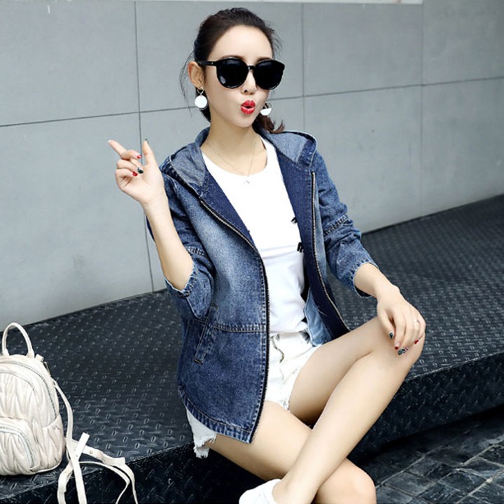 Áo Khoác Jean Nữ Dài Tay Nón Trùm Thời Trang