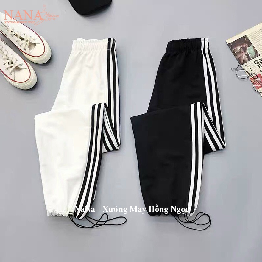 Quần thể thao ống rộng nữ viền kẻ 3 sọc trắng đi học ch có dây rút gấu dáng quần jogger nữ ống rộng tập thể dục vải mềm
