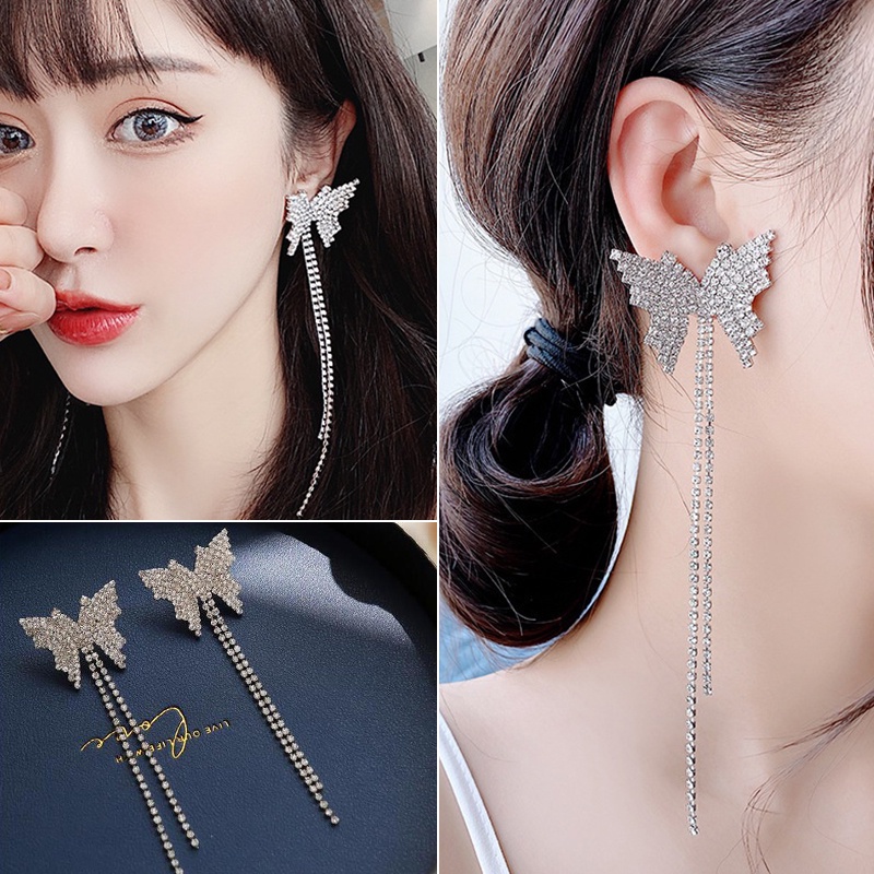 Bông Tai Dáng Dài Phối Tua Rua Hình Bướm Đính Đá Phong Cách Hàn Quốc Sang Trọng Thời Trang