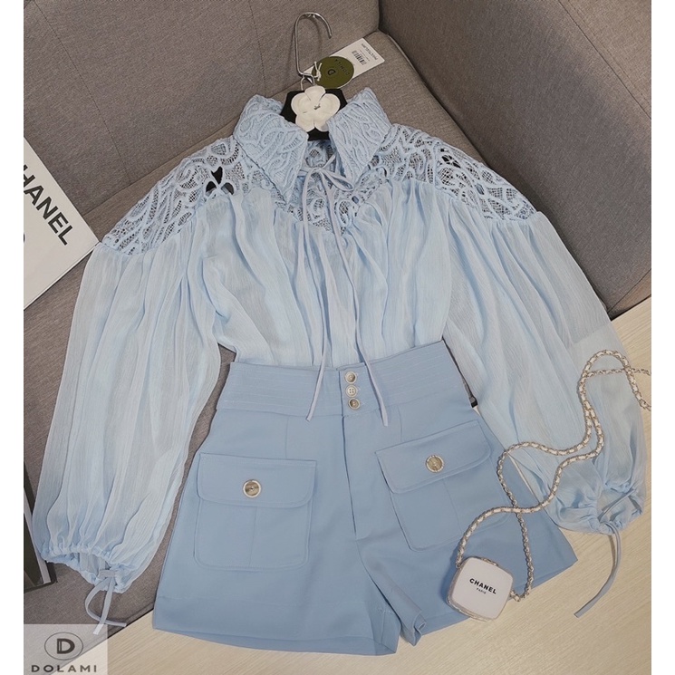 Set áo sơmi voan phối ren chỉ + quần short dolami