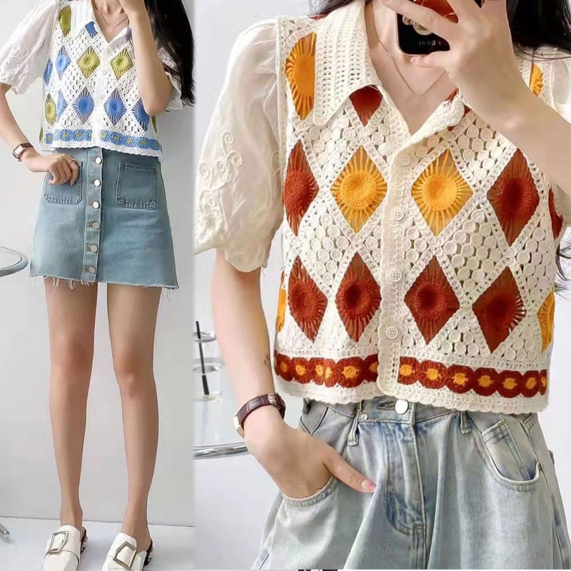 Áo Croptop Đan Móc Tay Ngắn Kẻ Sọc Nhiều Màu Sắc Thời Trang Cho Nữ