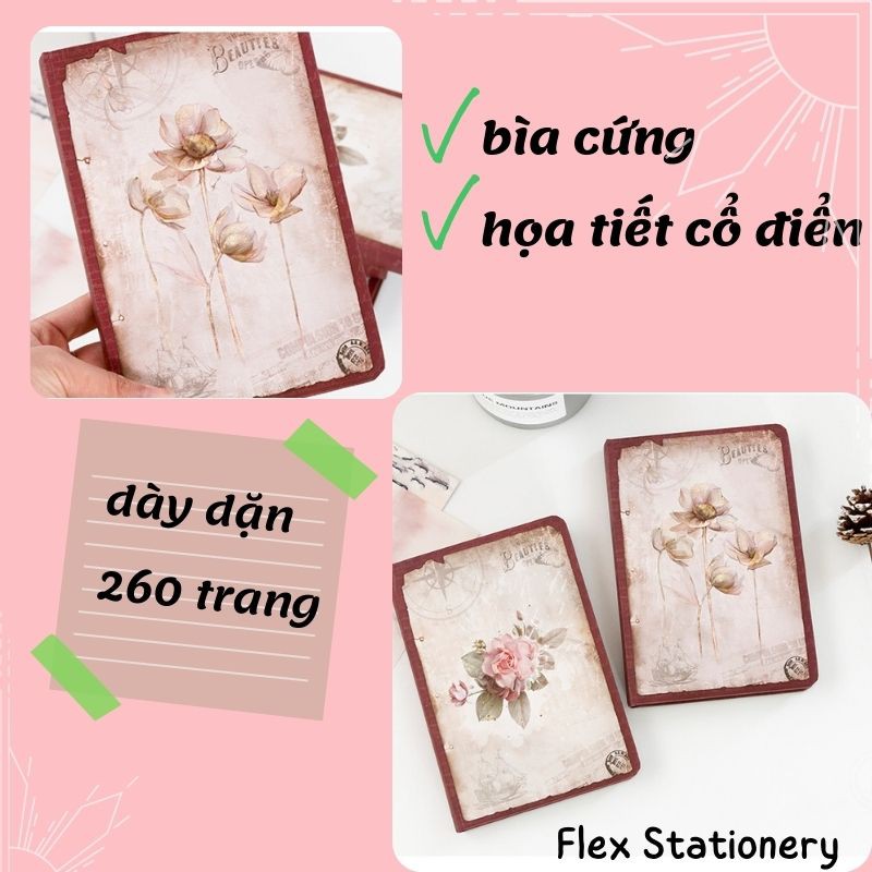 SỔ TAY VINTAGE, SỔ NHẬT KÝ BÌA CỨNG PHONG CÁCH CỔ ĐIỂN RETRO 260 TRANG, GIẤY IN HỌA TIẾT