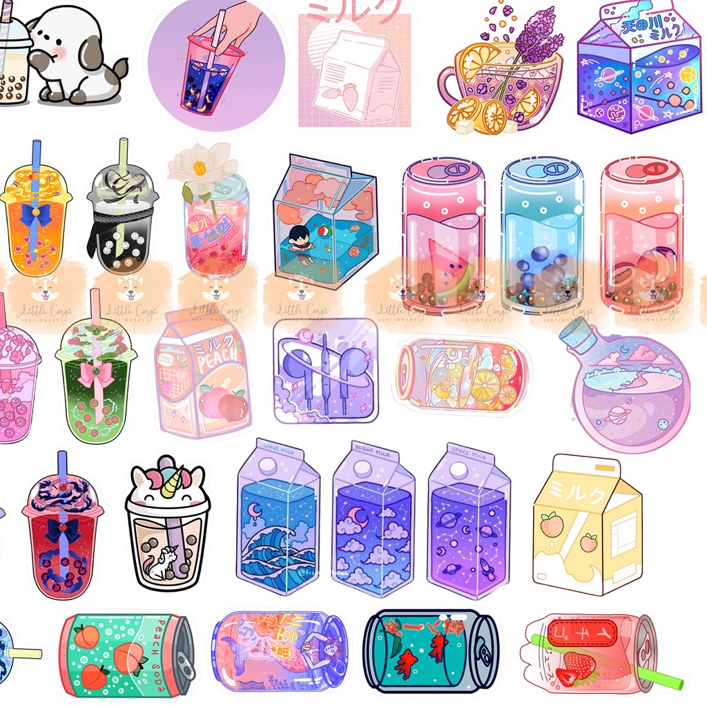 Set 30 hình dán sticker trà sữa, milk tea, milk, juice dễ thương trang trí sổ tay, toploader, máy tính