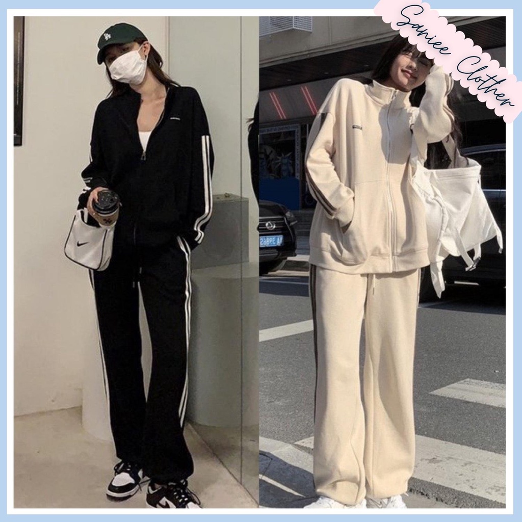 Bộ nỉ more unisex set đồ nam nữ kèm quần bo gấu màu nâu be hot form rộng style thể thao hàn quốc Saniee Clother