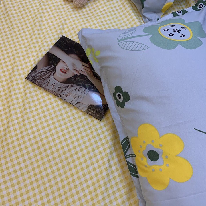 Bộ chăn ga gối drap giường chất cotton poly họa tiết những bông hoa caro vàng
