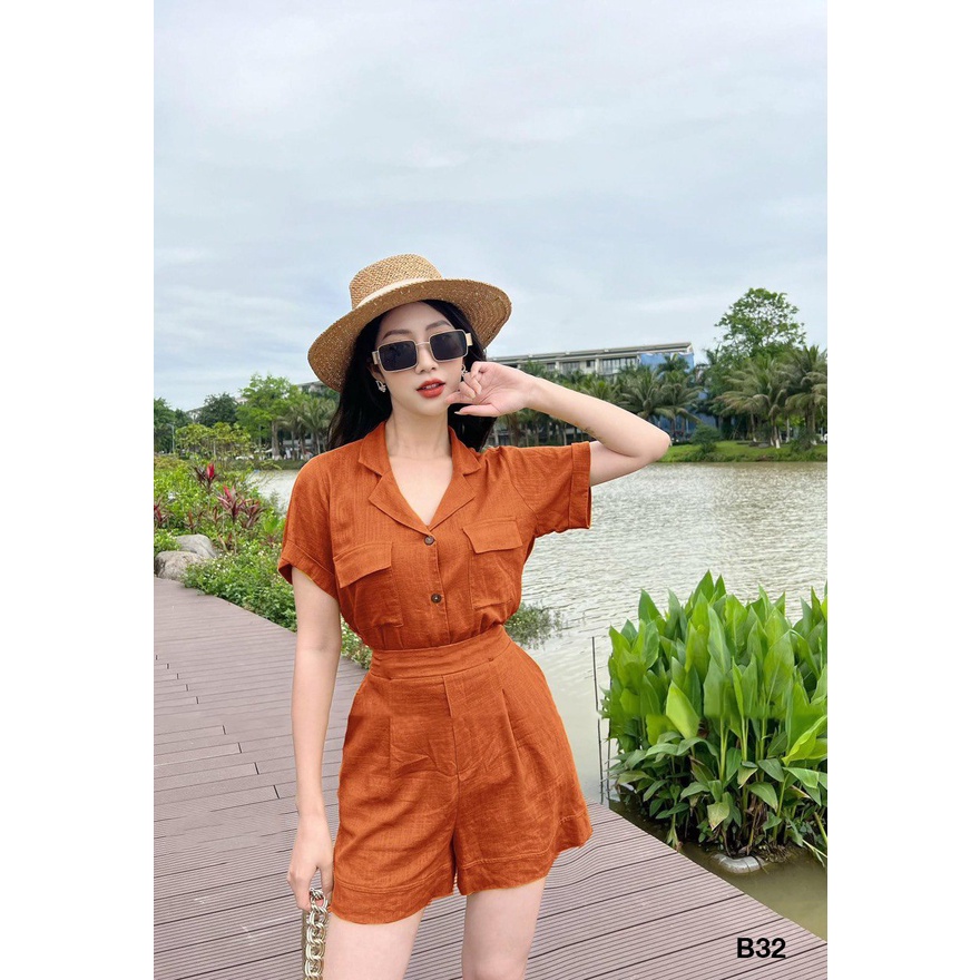 Bộ Đũi Nữ Tay Ngắn - Set Sơ Mi Cổ Đức Có Túi Dáng Áo Đuôi Tôm Xinh Xắn Chất Liệu Tơ Xước Cao Cấp