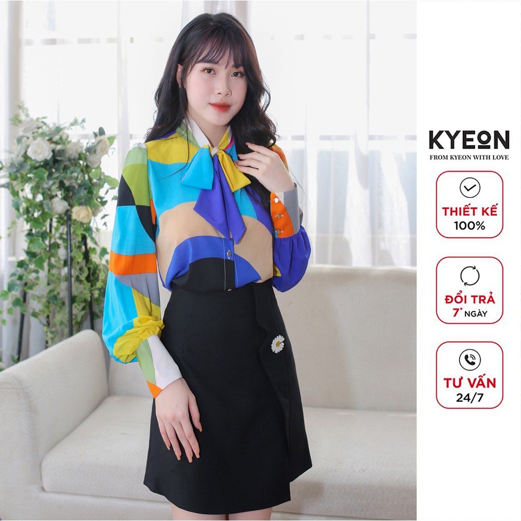 Chân váy thời trang nữ Kyeon vạt 2 ve màu đen đính hoa cúc KV012