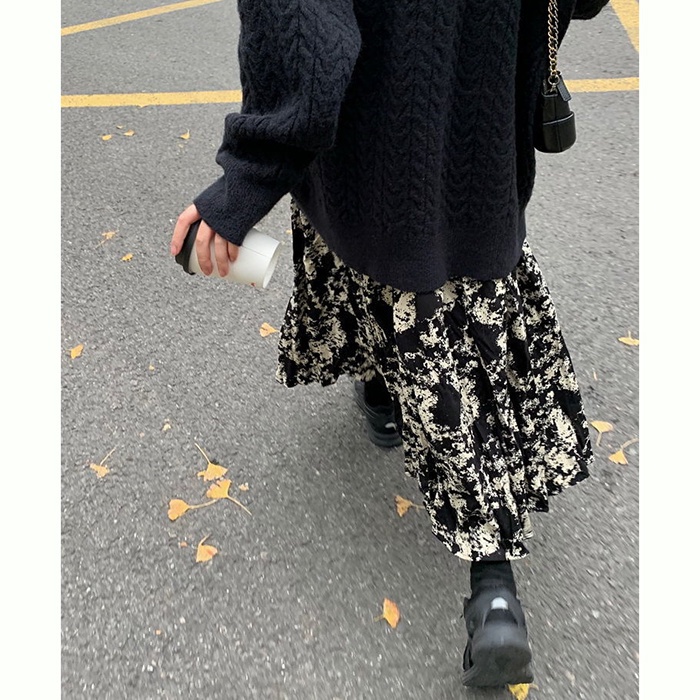 Chân Váy Hoa Đen Phong Cách retro Hàn Quốc