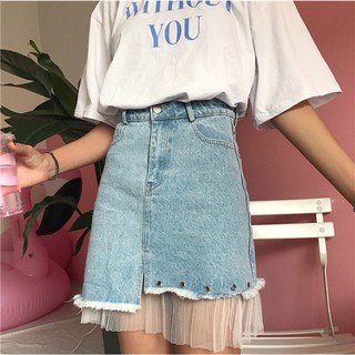 - Chân váy jean form chữ A mix
