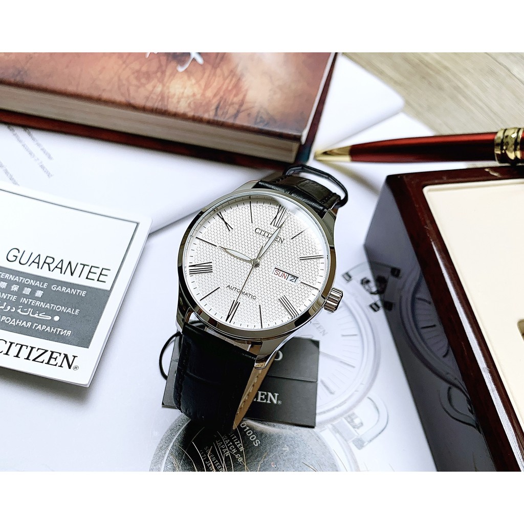 Đồng hồ Nam chính hãng Citizen Automatic NH8350-08A Size 40,Mặt trắng,Lịch-Máy cơ tự động-Dây da đen cao cấp