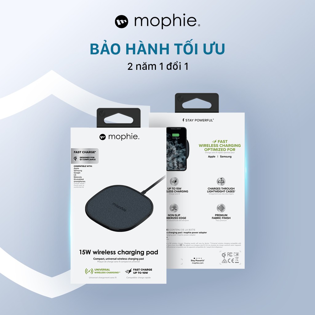 Đế sạc không dây Mophie 15W - sạc nhanh không dây chuẩn Qi, công suất lên tới 10W cho Android Devices và 5W cho iOS