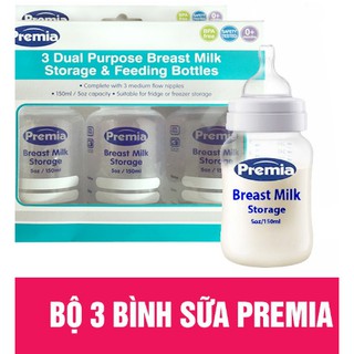 Bộ 3 bình sữa premia 2 trong 1 thái lan có nắp đậy trữ sữa