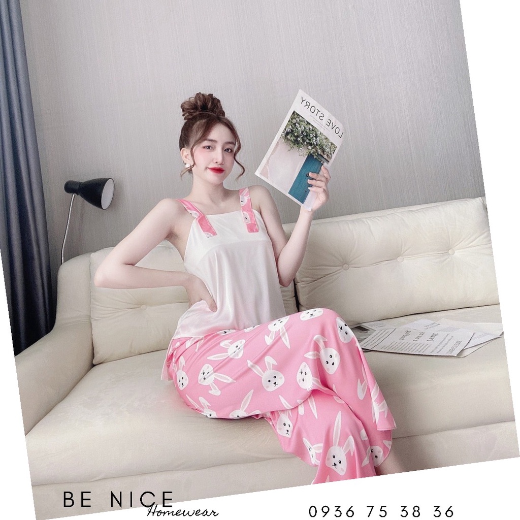 Set dây dài mặc nhà họa tiết phối màu xinh xắn lụa latin Be Nice Homewear