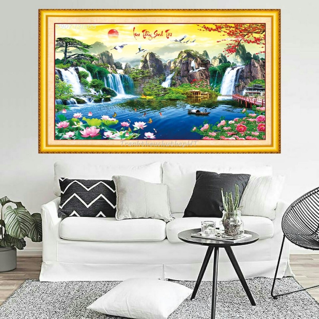 Tranh thêu chữ thập Phong cảnh lưu thủy sinh tài LV3020 (100*55cm: thêu kín), LV3021 (132*70cm: 3D) - tự thêu