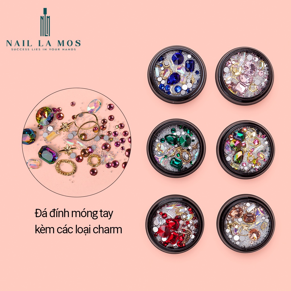 Đá đính móng tay nghệ thuật - 1 hũ mix 10 mẫu đá khối nhân tạo, 4 mẫu phụ kiện inox và 1 mẫu đá bạc rắc