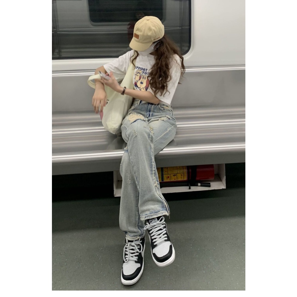 Quần jeans Nữ Dài Lưng Cao Mài Rách Thời Trang Hàn