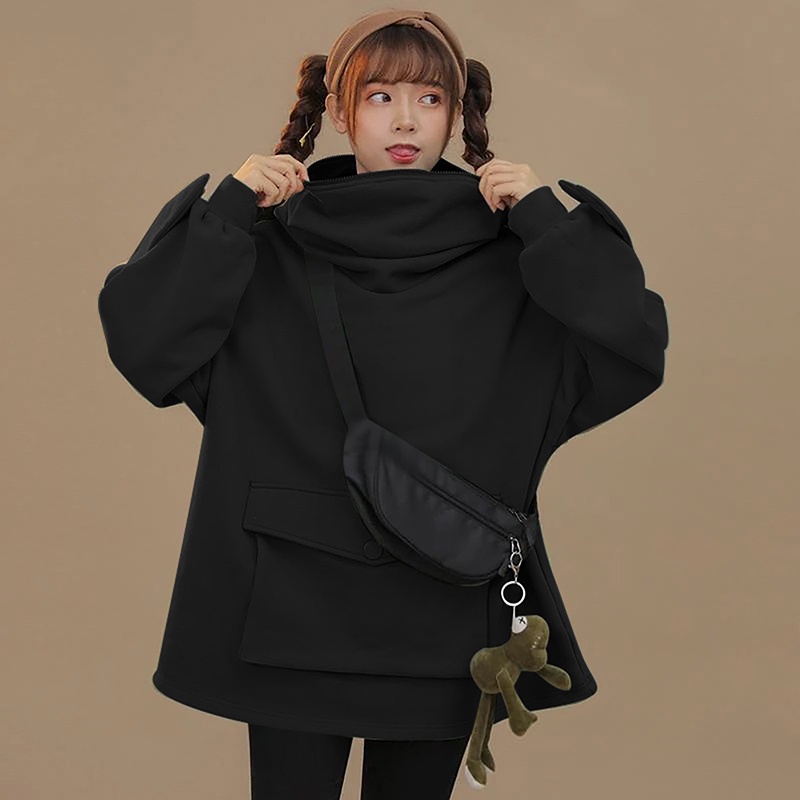 Áo hoodie nỉ chui đầu phối khóa kéo dáng rộng cỡ lớn hình ếch có túi to giữ ấm mùa đông cho tuổi teen