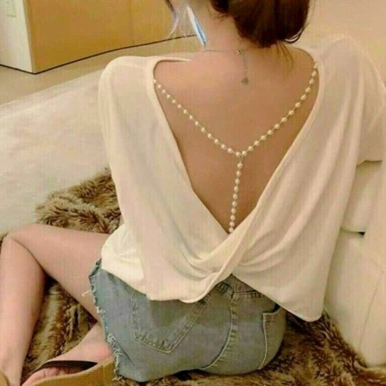 Áo thun tay dài kiểu phối dây ngọc lưng lạ