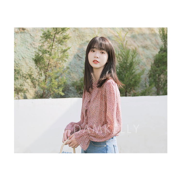 Áo sơ mi chiffon tay dài in họa tiết hoa phong cách retro thời trang