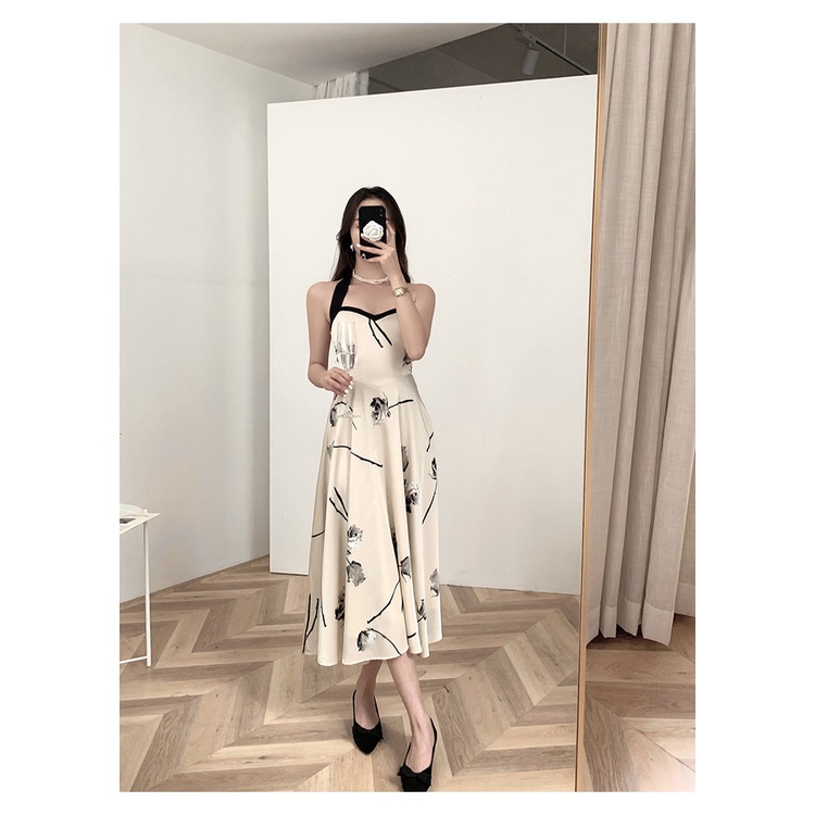 Đầm Cổ Yếm Cột Dây Họa Tiết Hoa Hồng Mực Phong Cách Retro Dành Cho Nữ