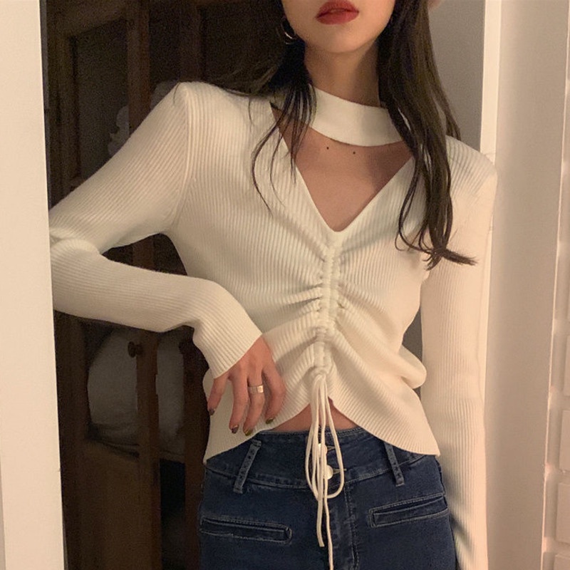 Áo Sweater Dệt Kim Mỏng Tay Dài Cổ Chữ V Màu Sắc Đơn Giản Phong Cách Hàn Quốc Cho Nữ