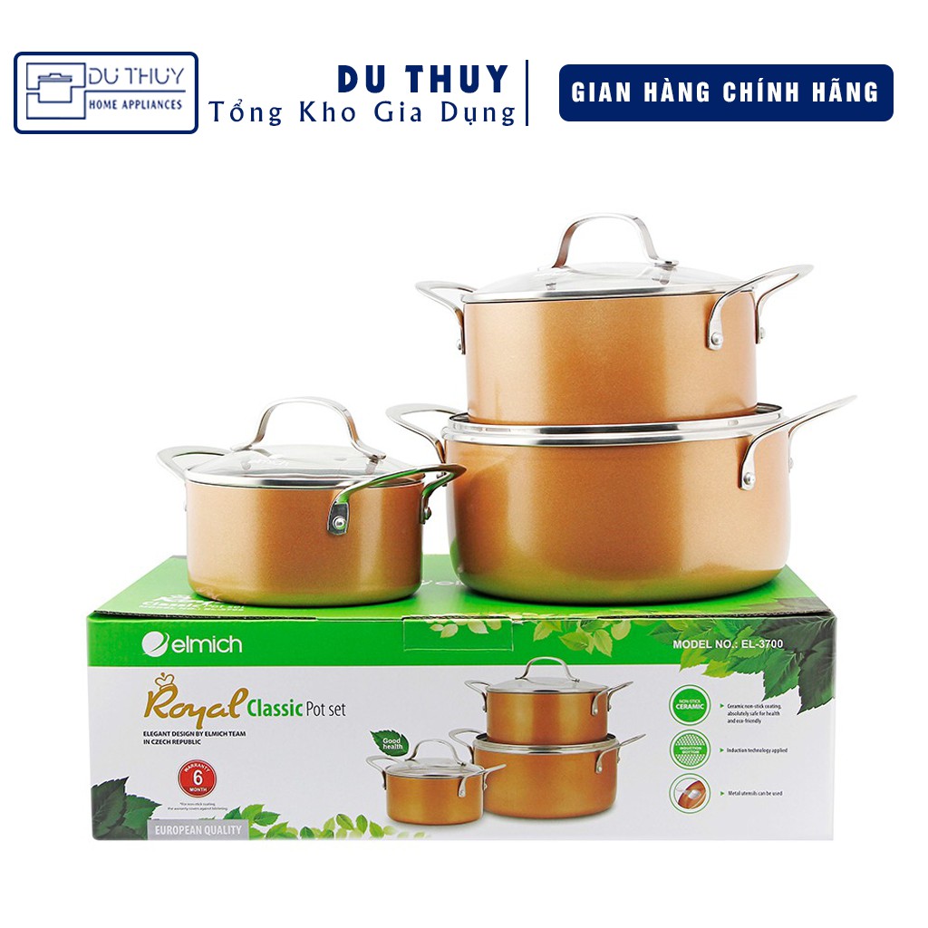 Bộ nồi phủ sứ đáy từ Elmich Royal Classic EL-3700 16-20-24 vung kính chịu lực, phủ sứ tự nhiên 100% dùng được tất cả bếp