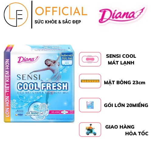 [Gói Lớn 20 Miếng] Băng vệ sinh Diana Sensi Cool Fresh Mát Lạnh Mặt Bông 23cm Có Cánh