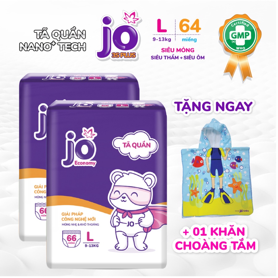 (Tặng khăn choàng tắm) Combo 2 gói tã quần Jo Economy siêu mỏng 2mm S40/M72/L66/XL60/XXL54