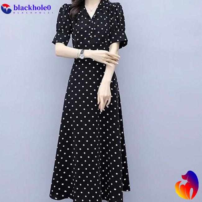 BH Summer Slim V-neck A-line Dress Simple Dot Flare Sleeves Middle Long Causal Dress