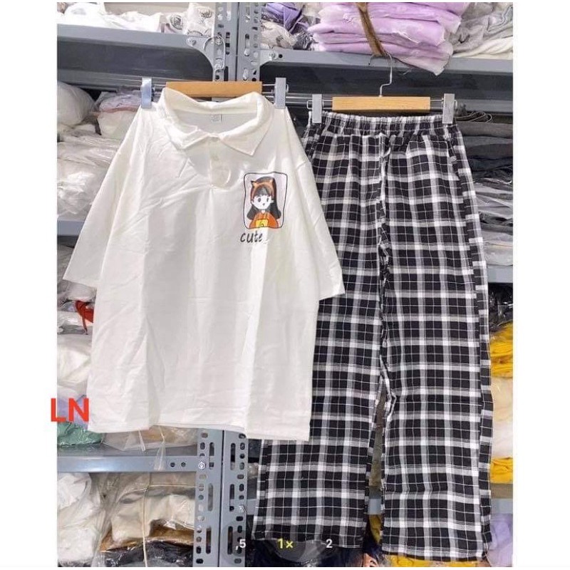 Sét áo polo cô gái cute+quần kẻ ô LN11