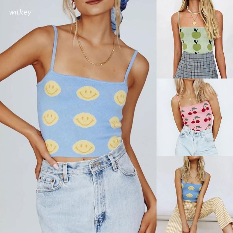 Áo croptop hai dây dệt kim trễ vai in hình mặt cười/quả cherry thời trang mùa hè quyến rũ cho nữ