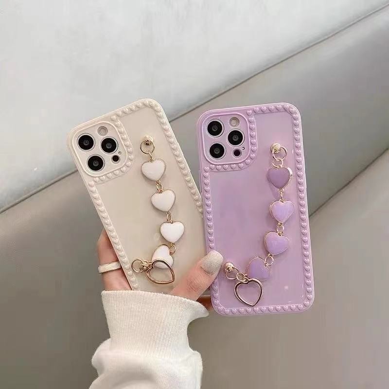 Thời Trang Ốp Điện Thoại Da Mềm Mạ Điện Họa Tiết Trái Tim Phối Dây Đeo Tay Cho I-phone 12 11 Pro Max Ix Xs Max Xr Se2 Iphone7 I8 6 6s Plus