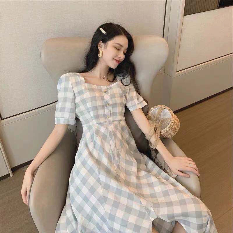 Đầm Dây Nữ Ca Rô Cộc Tay Cổ Tròn Form Dài Rộng Thời Trang Hàn