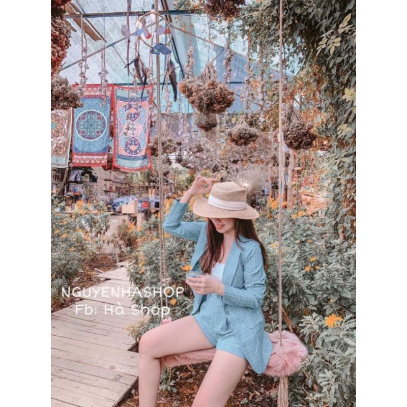 set vest caro + quần short + áo ống đen
