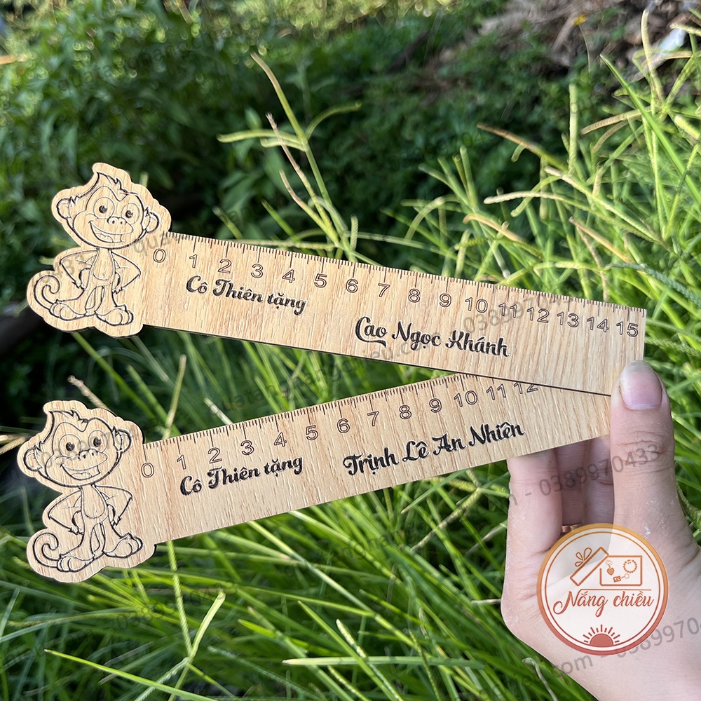 Thước gỗ khắc laser các hình ngẫu nhiên - Dụng cụ học tập khắc tên theo yêu cầu - Độ dài 15cm
