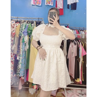 Đầm gấm nhún chỉ tay phồng trắng