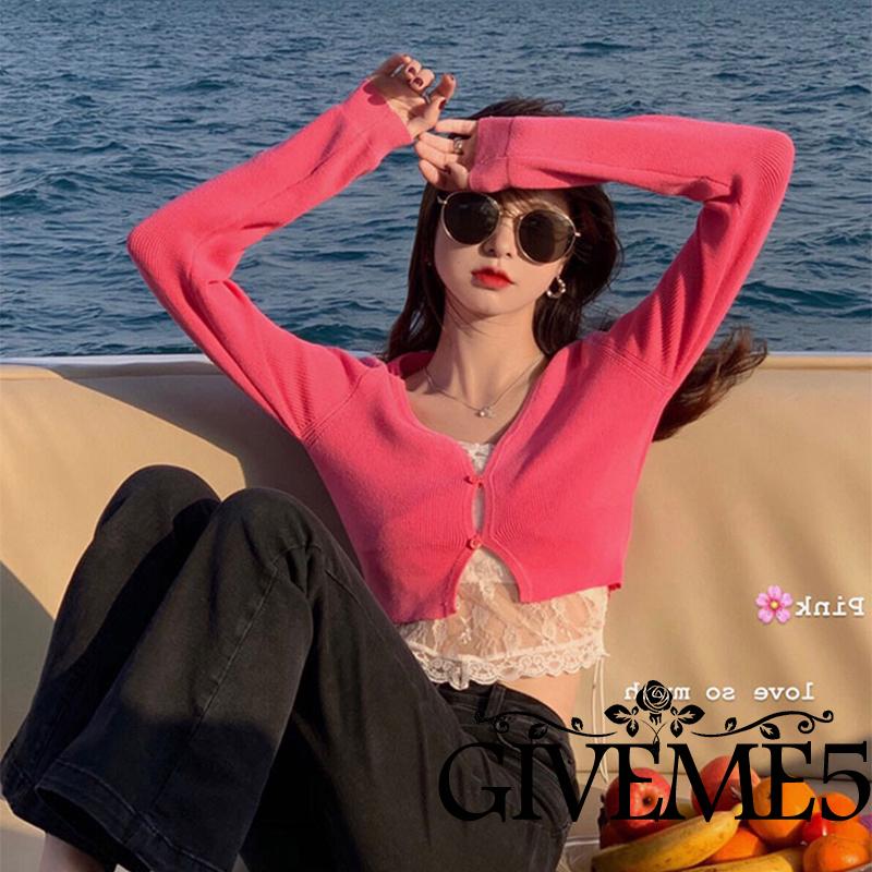 Áo Croptop Dệt Kim Tay Dài Cổ Chữ V Màu Trơn Thời Trang