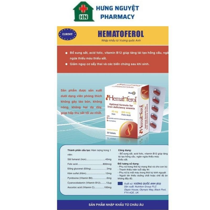 Hematoferol Viên Uống Bổ Sung Sắt, Acid Folic Hỗ Trợ Giảm Nguy Cơ Thiếu Máu Dùng Cho Mẹ Và Bé Hộp 30 Viên