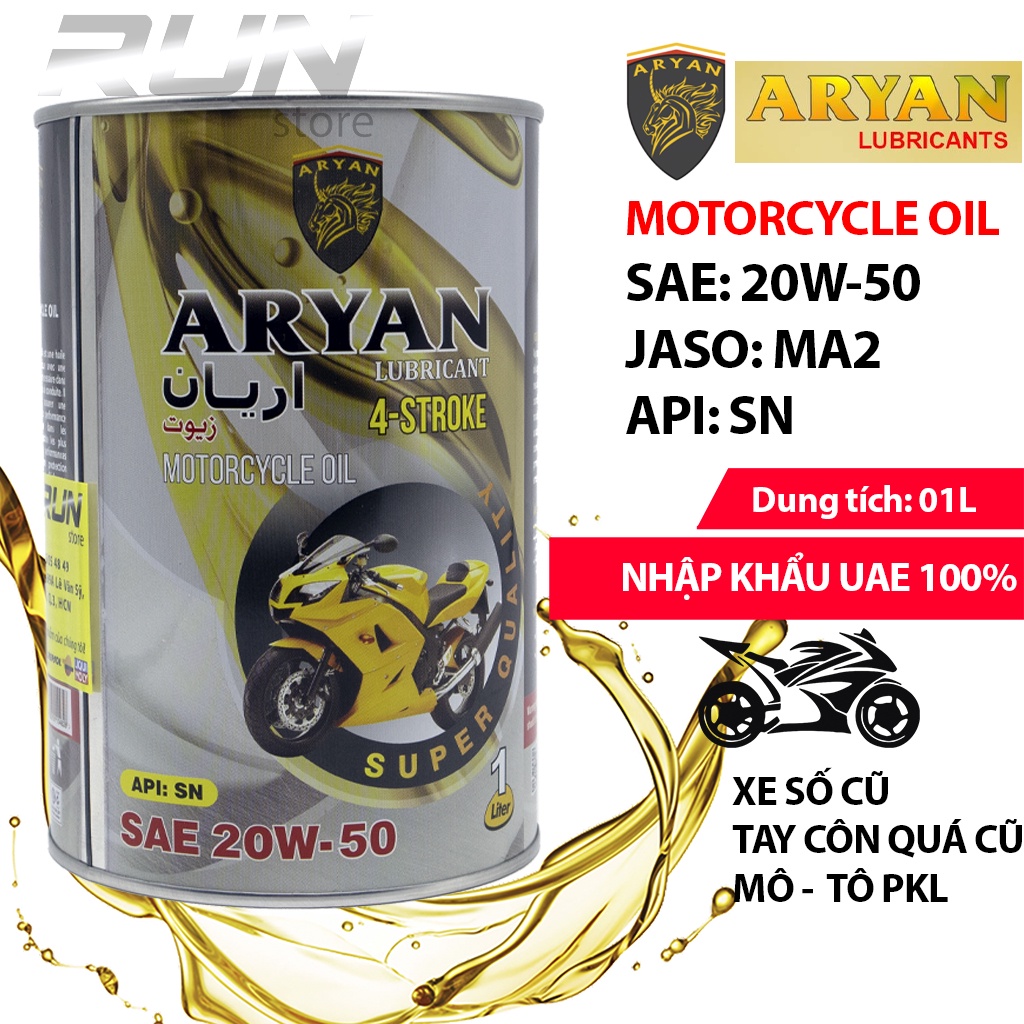 Nhớt Tổng Hợp ARYAN 20w50 1000ml SN JASO MA2 - Dùng Cho Xe Mô Tô, Xe Số - SAE 20W50 JASO MA2 SN