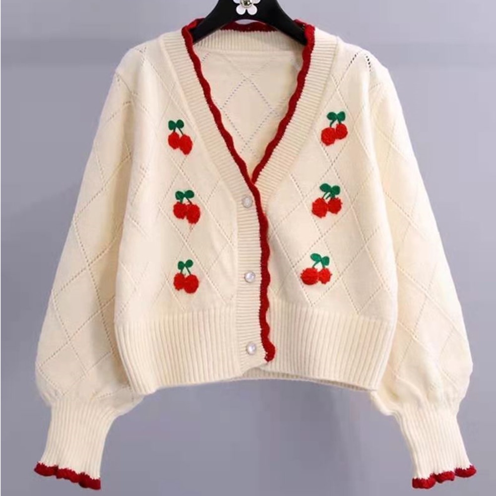 Áo khoác cardigan dệt kim tay dài in họa tiết quả cherry ngọt ngào