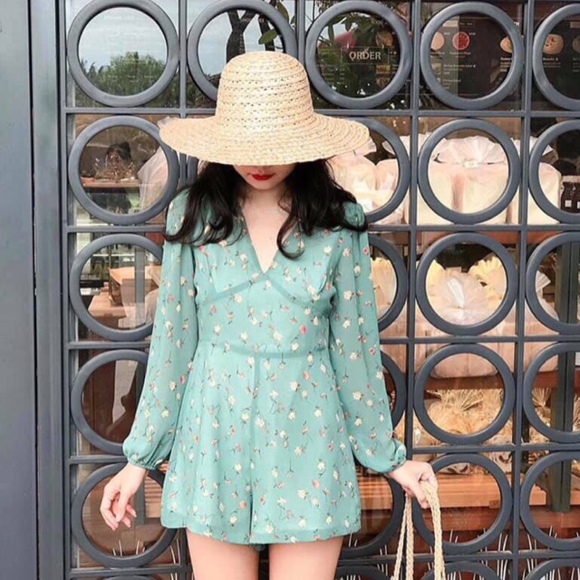 JUMPSUIT HOA CỔ V CỘT EO