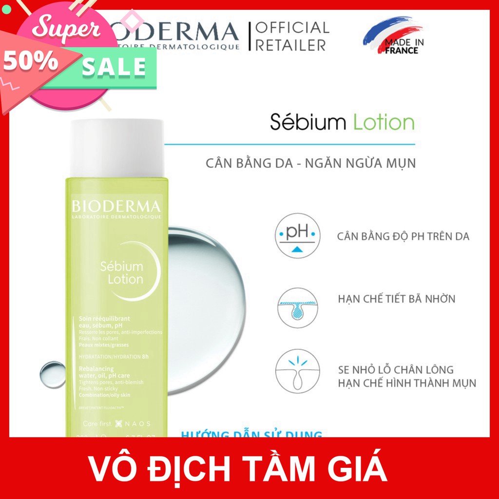 Dung dịch dưỡng da, cân bằng PH dành cho da hỗn hợp đến da dầu  Bioderma Sebium Lotion 200ml - mã 7514